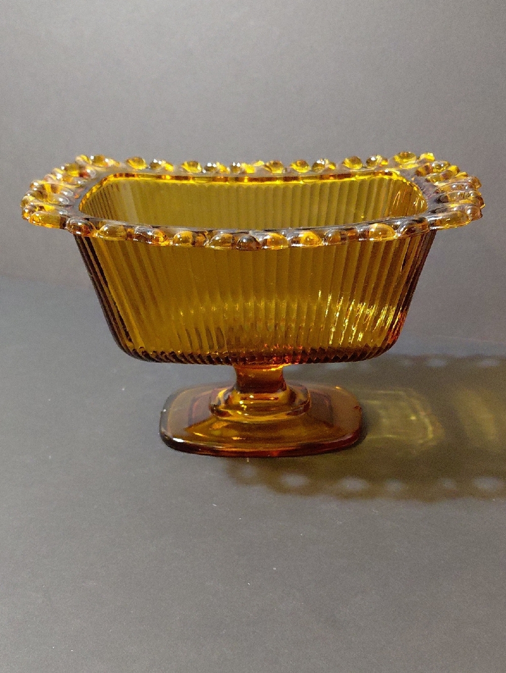 Vintage 1981 FTDA Amber Glass Ribbed Pedestal Candy Dish